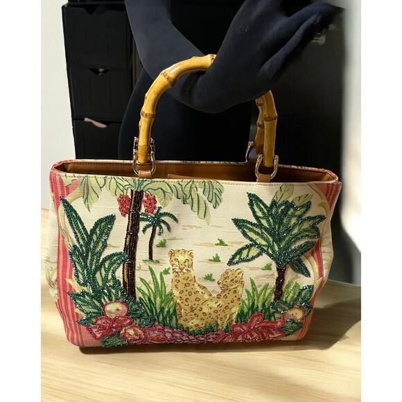 Y2K Isabella Fiore Sequined Leopard Print Bamboo Handle Tote Bag - Picture 8 of 13
